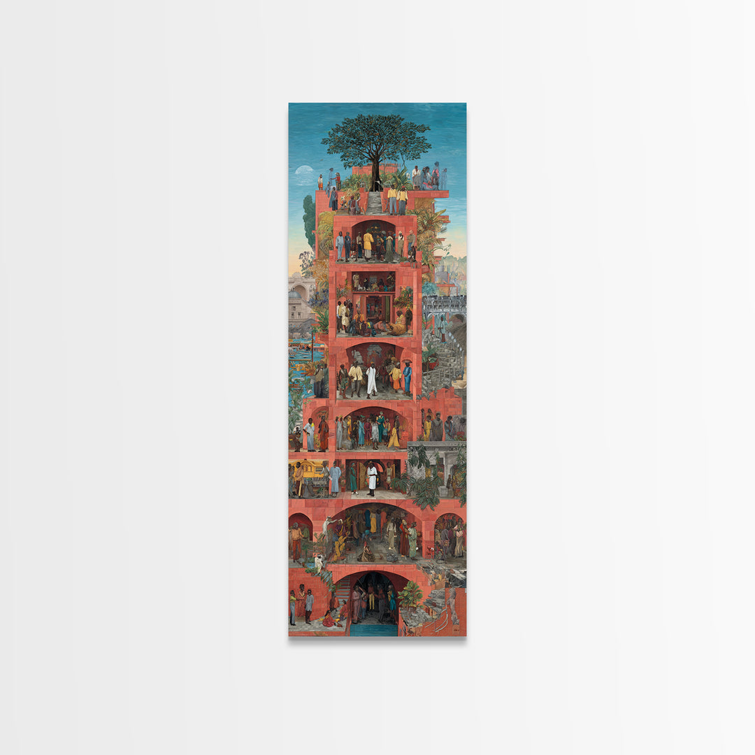 Red Vertical Community Tower Canvas Print, African City Life Wall Art, Tree Rooftop Garden, Cultural Home Decor Gift For Her