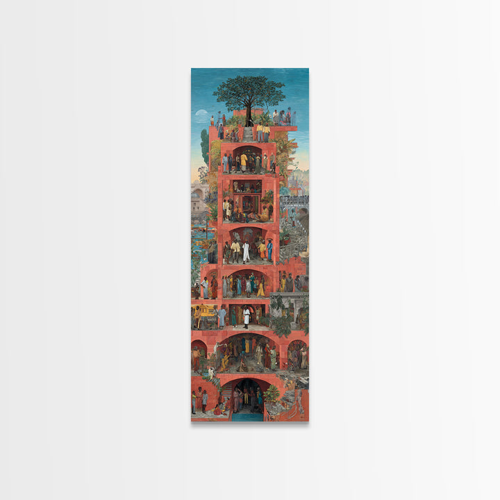 Red Vertical Community Tower Canvas Print, African City Life Wall Art, Tree Rooftop Garden, Cultural Home Decor Gift For Her