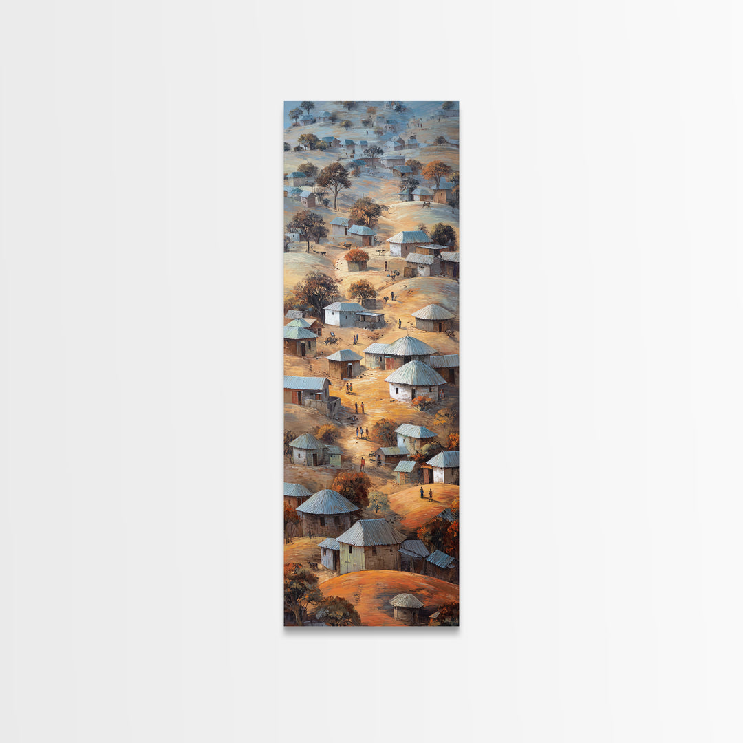 Round Hut African Village Wall Art, Aerial Tribal Landscape Painting, Earth Tone Canvas, Authentic Africa Home Decor, Gift