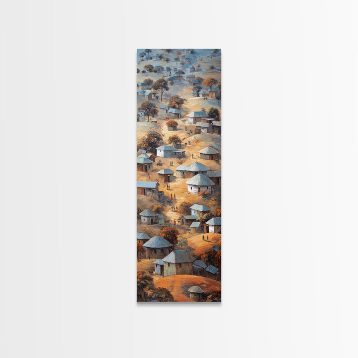 Round Hut African Village Wall Art, Aerial Tribal Landscape Painting, Earth Tone Canvas, Authentic Africa Home Decor, Gift
