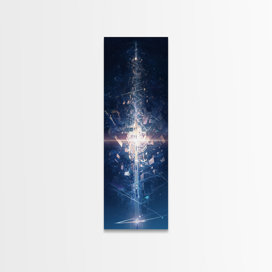 Futuristic Blue Light Tower In Dark Digital City, Canvas Print, Modern Abstract Wall Art, Afrofuturism Office Decor Gift