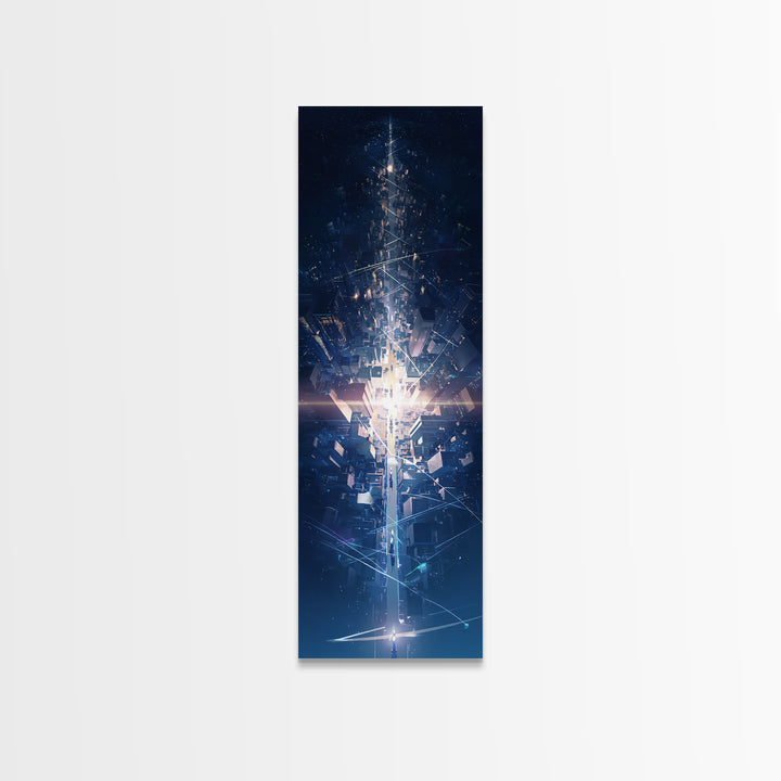 Futuristic Blue Light Tower In Dark Digital City, Canvas Print, Modern Abstract Wall Art, Afrofuturism Office Decor Gift