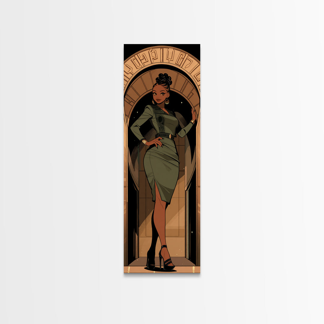 Elegant Black Woman In Green Dress Framed Canvas Print, Afrocentric Wall Art, Fashion Portrait, Black Beauty Home Decor, Gift