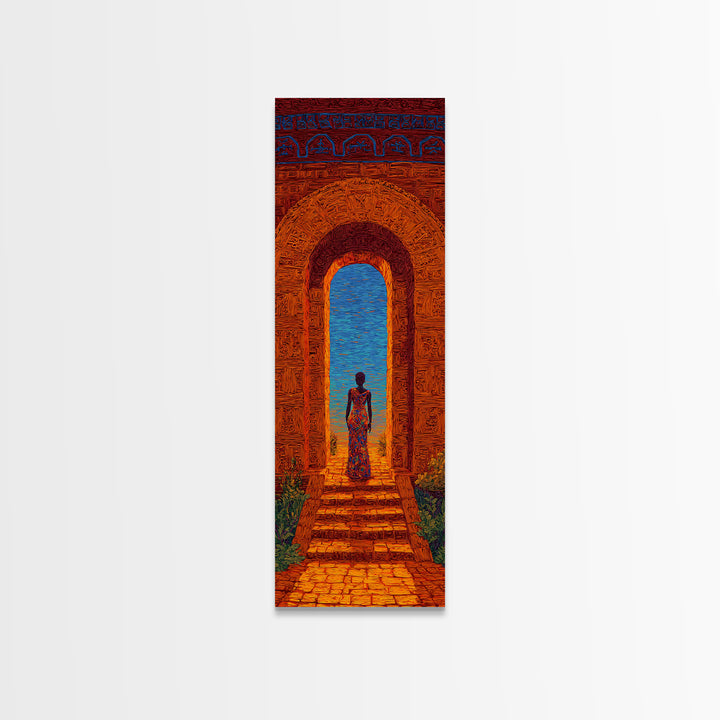 African Woman In Ornate Arch Wall Art, Blue Sea Doorway Painting, Afrocentric Decor, Cultural Travel Canvas Print Gift Idea