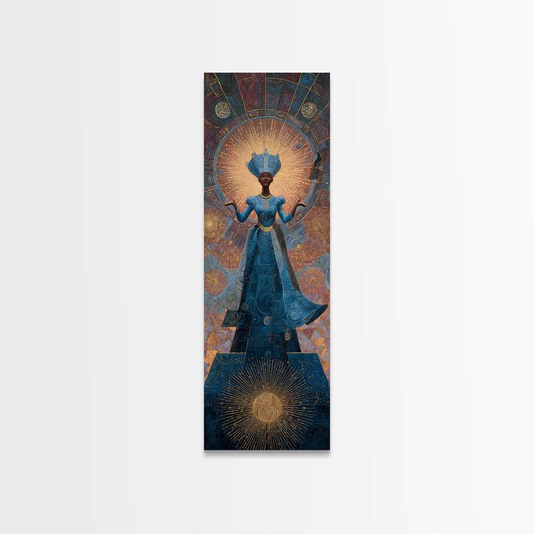 Blue African Goddess With Crown And Radiant Halo Framed Canvas Print, Black Queen Portrait, Afrocentric Luxury Wall Decor