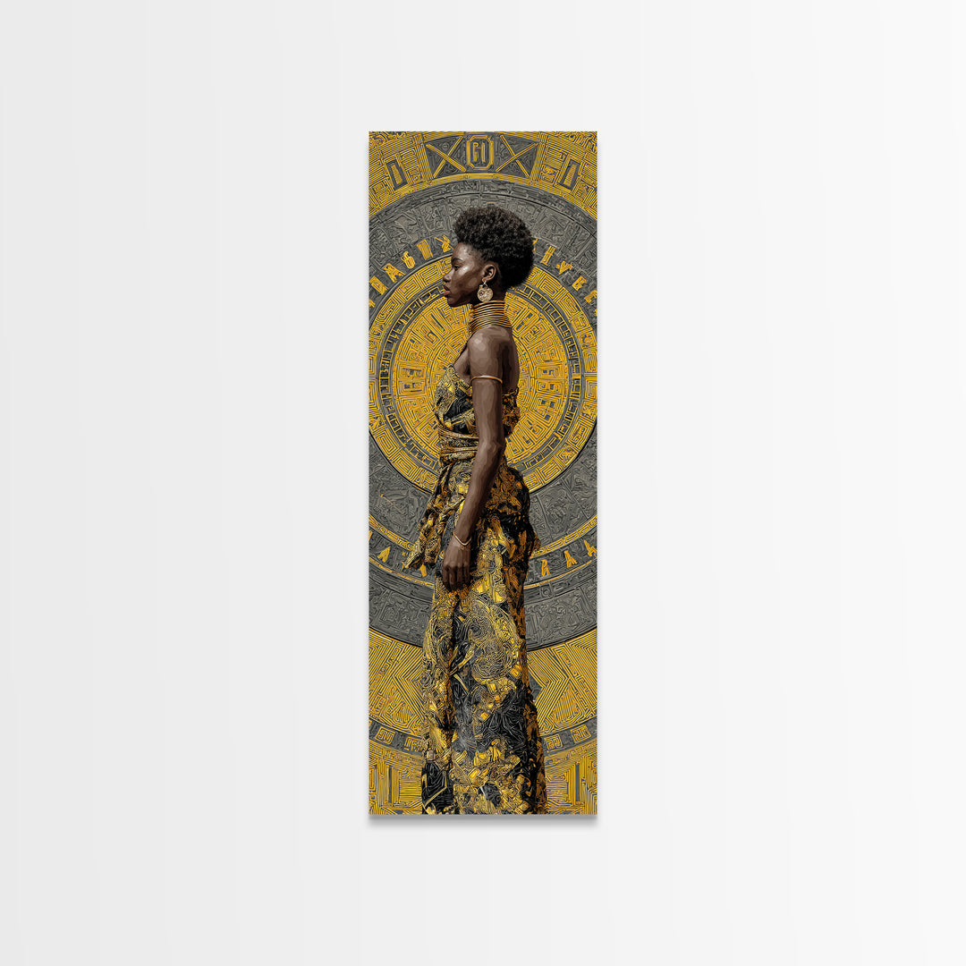 Elegant Black Woman In Gold Dress Canvas Print, African Portrait Wall Art, Afrocentric Fashion Decor, Modern Cultural Gift