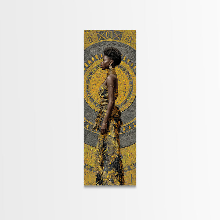 Elegant Black Woman In Gold Dress Canvas Print, African Portrait Wall Art, Afrocentric Fashion Decor, Modern Cultural Gift