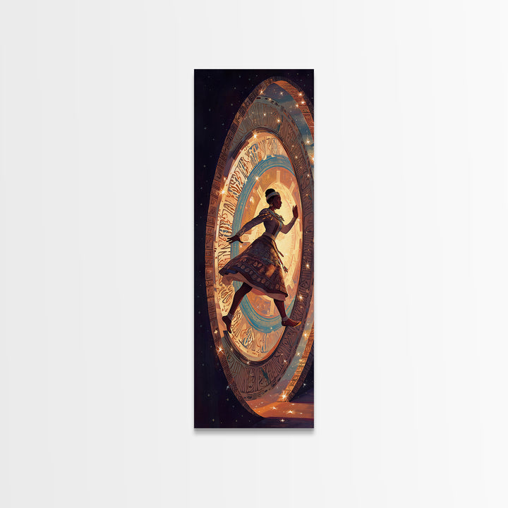 Afro Girl Running Through Cosmic Portal Wall Art, African Inspired Fantasy Scene, Black Girl Magic Decor, Dreamy Canvas Gift