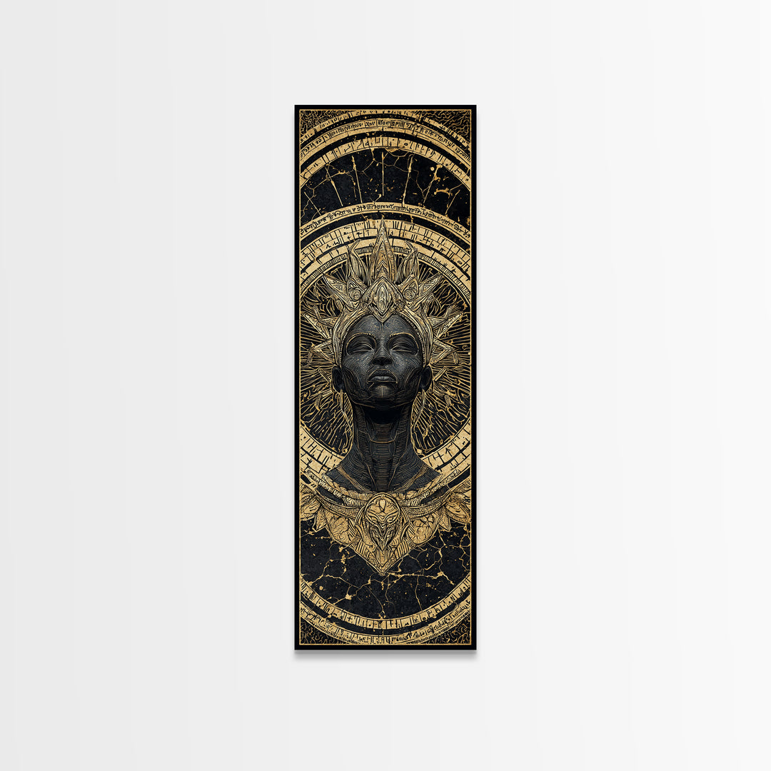 Ancient Black Queen With Golden Crown Framed Canvas Print, African Mask Inspired Portrait, Afrocentric Luxury Wall Decor