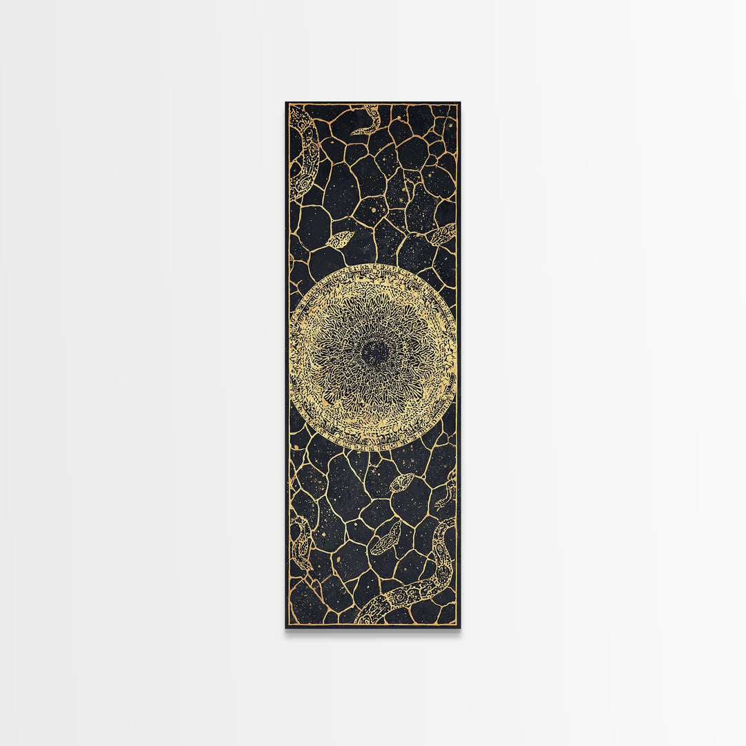 Golden Celestial Sun Orb On Black Stone Wall Art, African Abstract Pattern, Spiritual Minimalist Decor, Luxury Canvas Gift