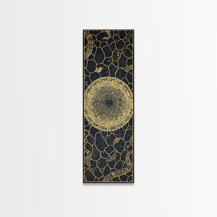 Golden Celestial Sun Orb On Black Stone Wall Art, African Abstract Pattern, Spiritual Minimalist Decor, Luxury Canvas Gift