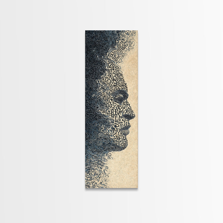 Black Woman Profile With Maze Texture Canvas Print, Minimalist Afrocentric Wall Art, Abstract Face Art, Melanin Decor Gift