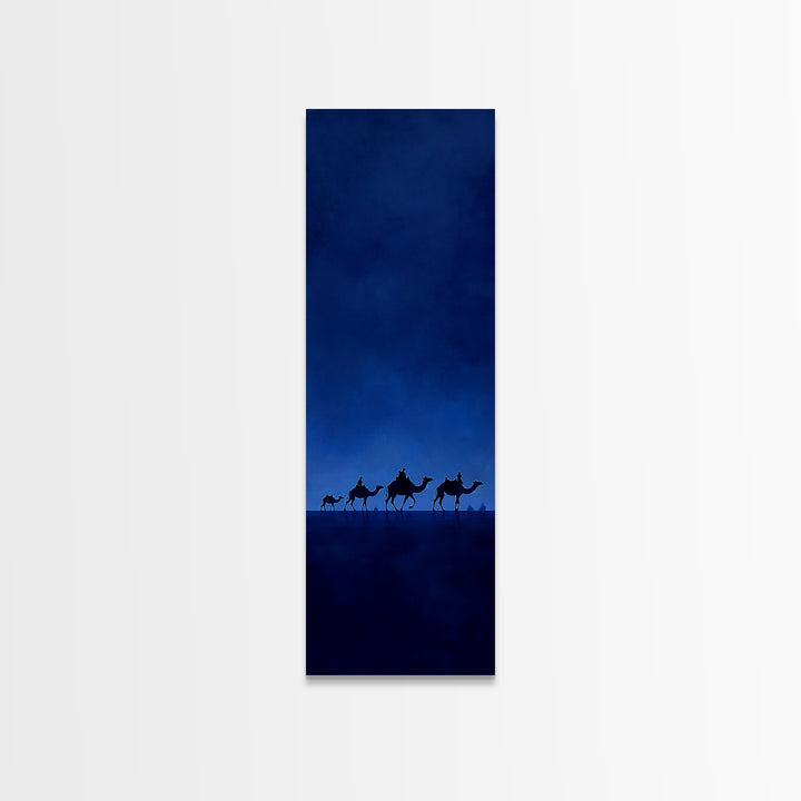 Minimal Blue Camel Caravan Wall Art, African Desert Landscape Print, Safari Decor, Boho Travel Canvas For Calm Living Room
