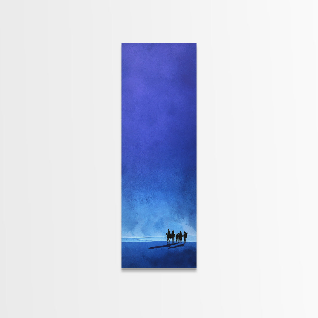 Blue Minimal Camel Riders Canvas Print, African Travel Wall Art, Sahara Desert Decor, Modern Safari Artwork For Peaceful Home