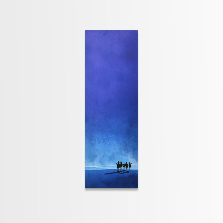 Blue Minimal Camel Riders Canvas Print, African Travel Wall Art, Sahara Desert Decor, Modern Safari Artwork For Peaceful Home