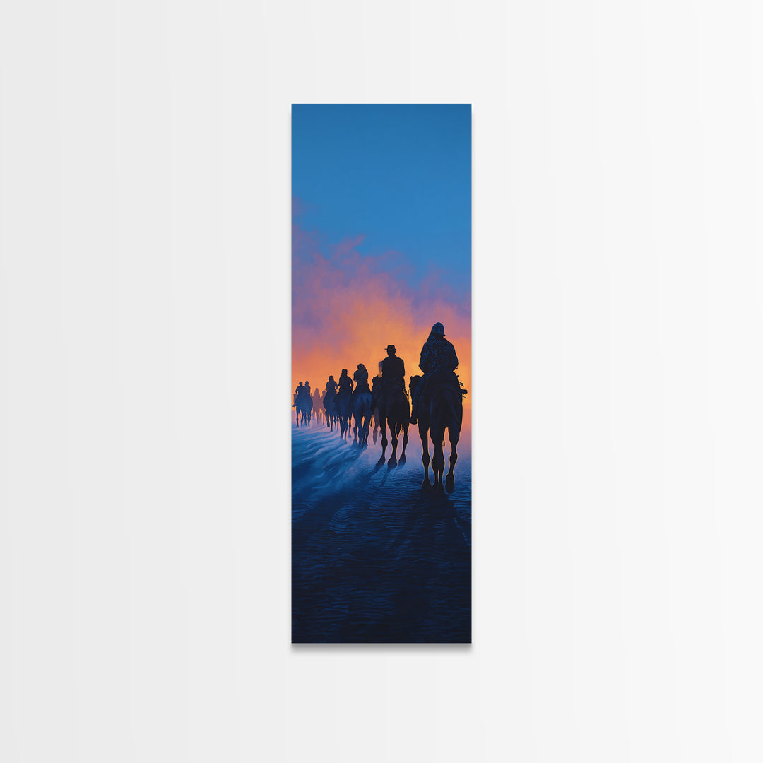 Dawn Camel Caravan In Blue Desert Canvas Print, African Travel Wall Art, Safari Decor, Statement Artwork For Living Room