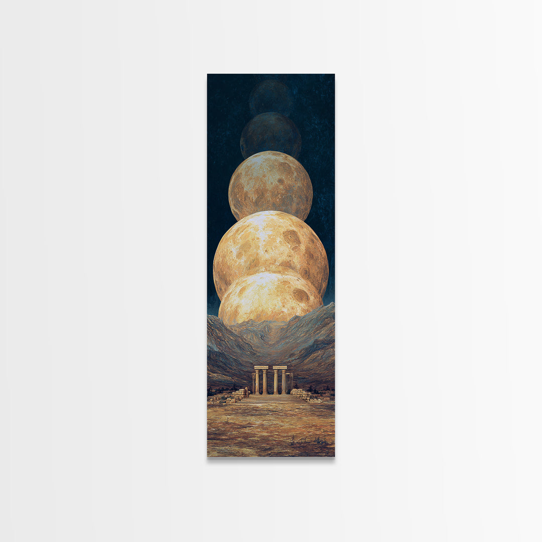 Stacked Golden Moons Over Desert Temple Wall Art, African Inspired Celestial Landscape, Luxury Canvas Decor, Mystical Home Gift