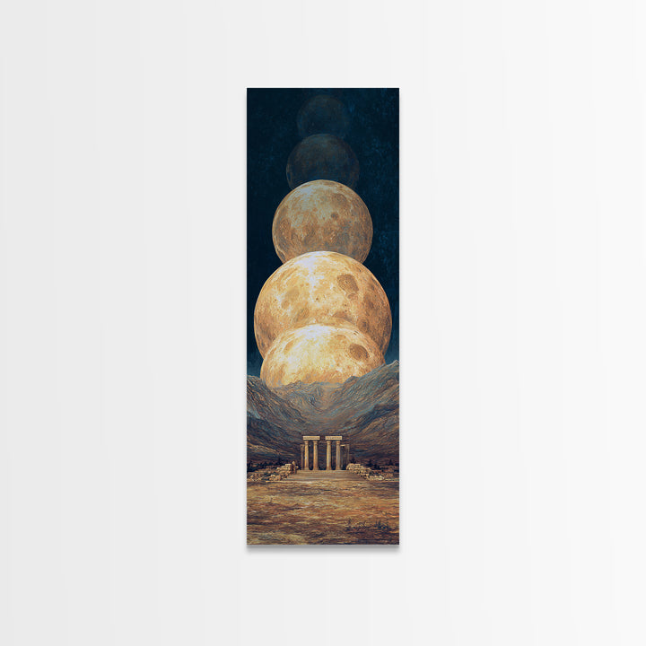 Stacked Golden Moons Over Desert Temple Wall Art, African Inspired Celestial Landscape, Luxury Canvas Decor, Mystical Home Gift