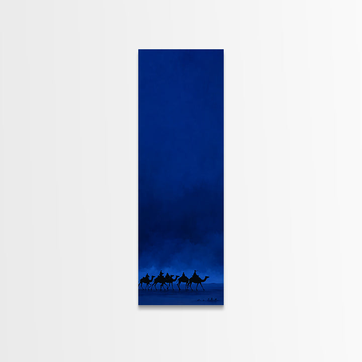 Midnight Blue Camel Caravan Wall Art, African Desert Landscape Print, Minimal Safari Decor, Large Canvas For Modern Home