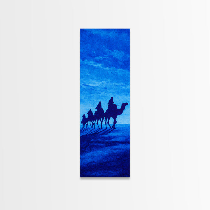 Bright Blue Camel Caravan Canvas Print, African Travel Wall Art, Sahara Desert Decor, Minimal Safari Artwork For Serene Home