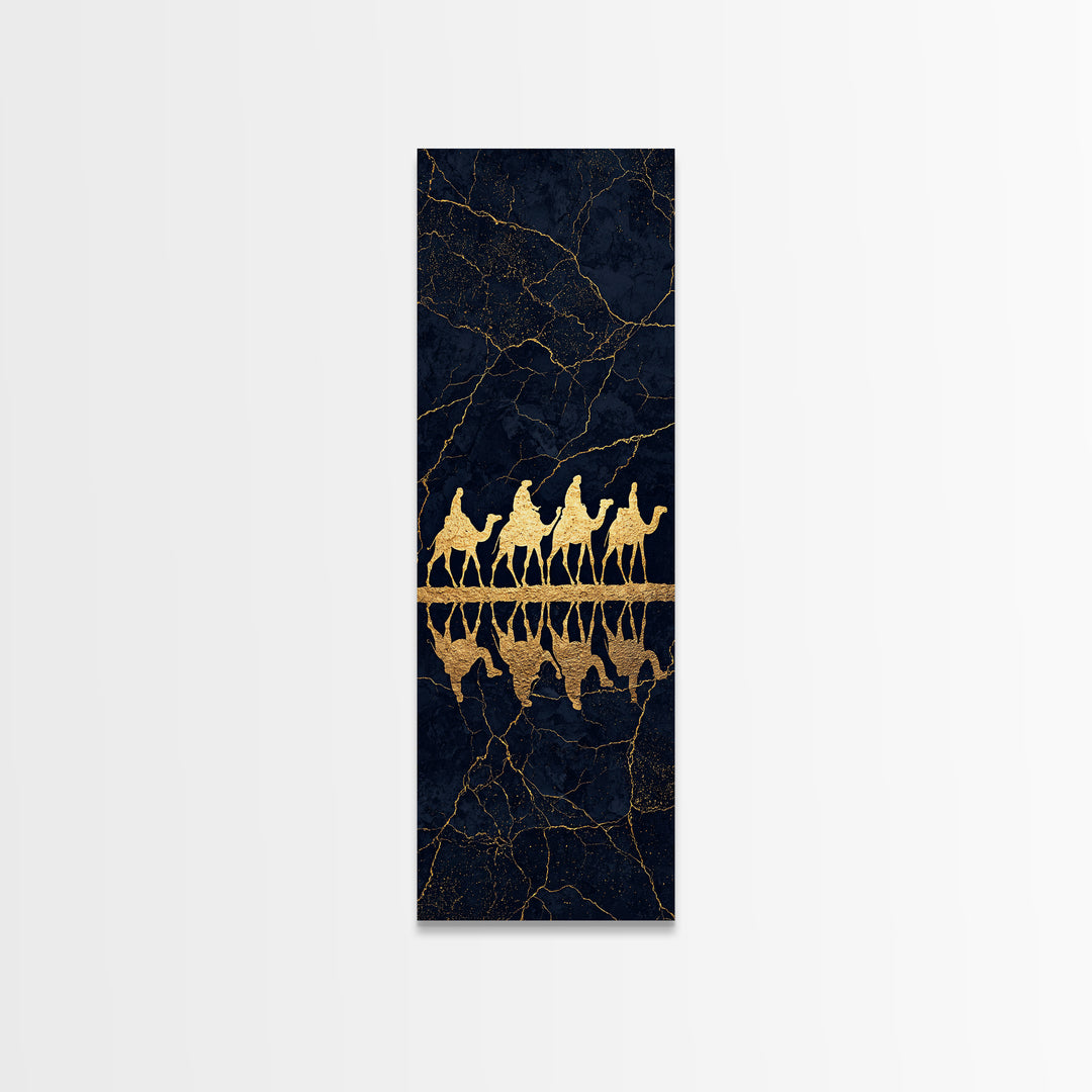 Gold Camel Caravan Framed Canvas Print, Black Marble African Safari Art, Luxury Wall Decor, Boho Desert Travel Artwork Gift