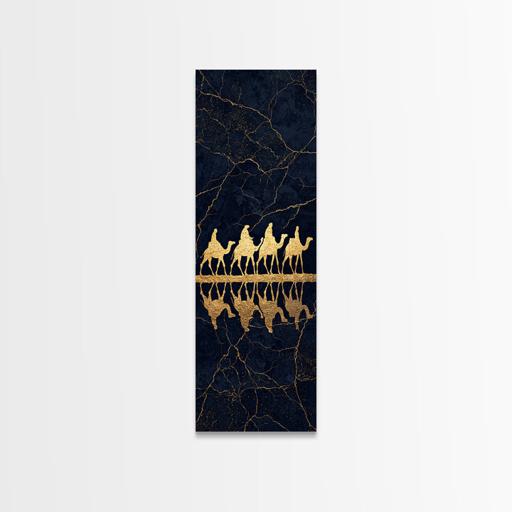 Gold Camel Caravan Framed Canvas Print, Black Marble African Safari Art, Luxury Wall Decor, Boho Desert Travel Artwork Gift