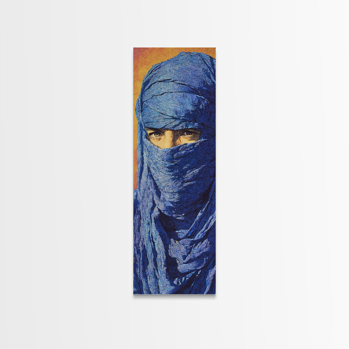 Blue Veiled Desert Man Wall Art, African Portrait Canvas Print, Tuareg Nomad Artwork, Bold Orange Cultural Home Decor Gift