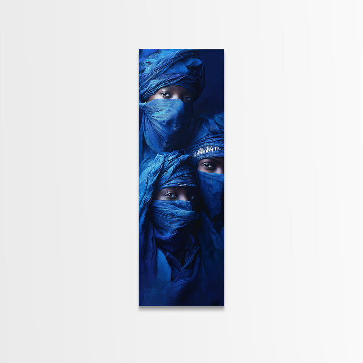 Three Blue Veiled Nomads Framed Canvas Print, African Portrait Art, Tuareg Portrait Wall Art, Indigo Afrocentric Decor Gift