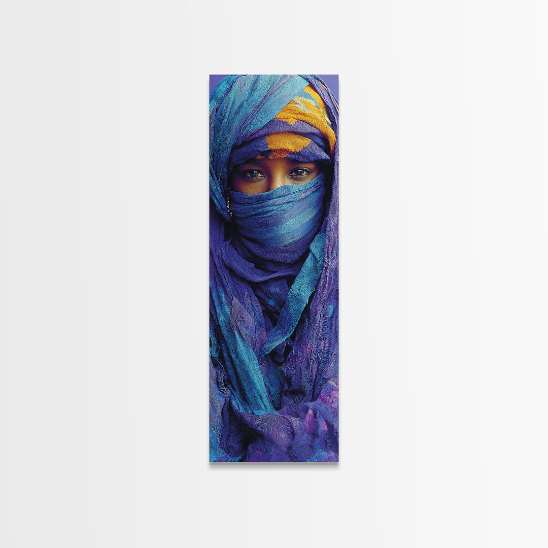 Turquoise Veiled African Woman Wall Art, Blue Purple Portrait Canvas Print, Desert Nomad Decor, Black Beauty Art Gift For Her