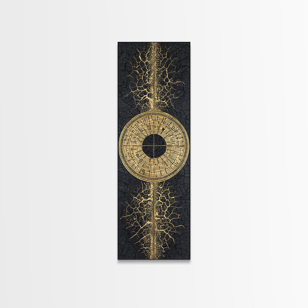 Gold Tribal Sun Disc On Cracked Black Texture Wall Art, African Abstract Decor, Modern Afrocentric Canvas, Statement Home Decor
