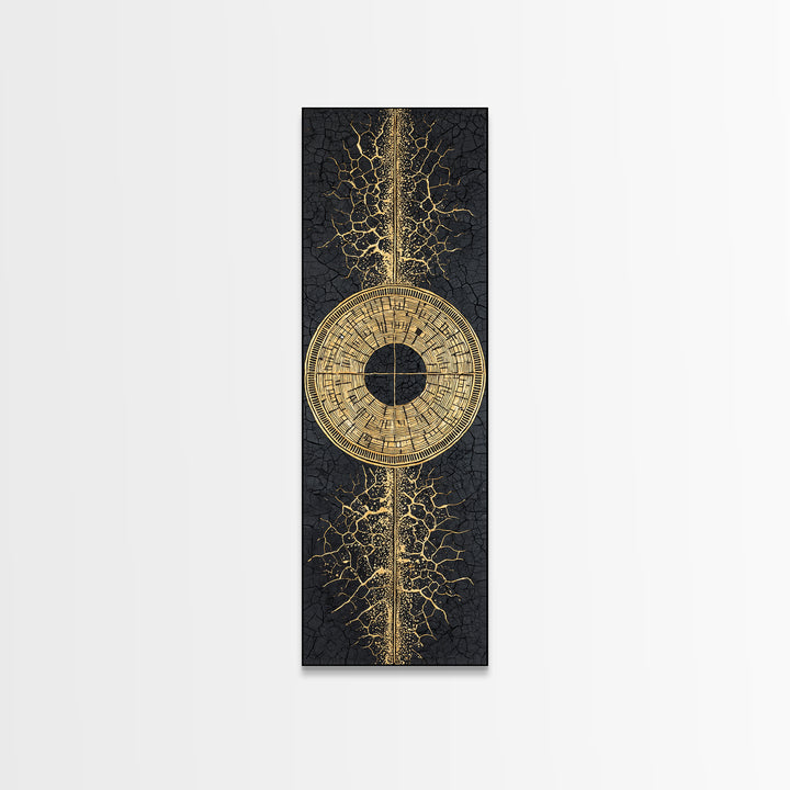 Gold Tribal Sun Disc On Cracked Black Texture Wall Art, African Abstract Decor, Modern Afrocentric Canvas, Statement Home Decor