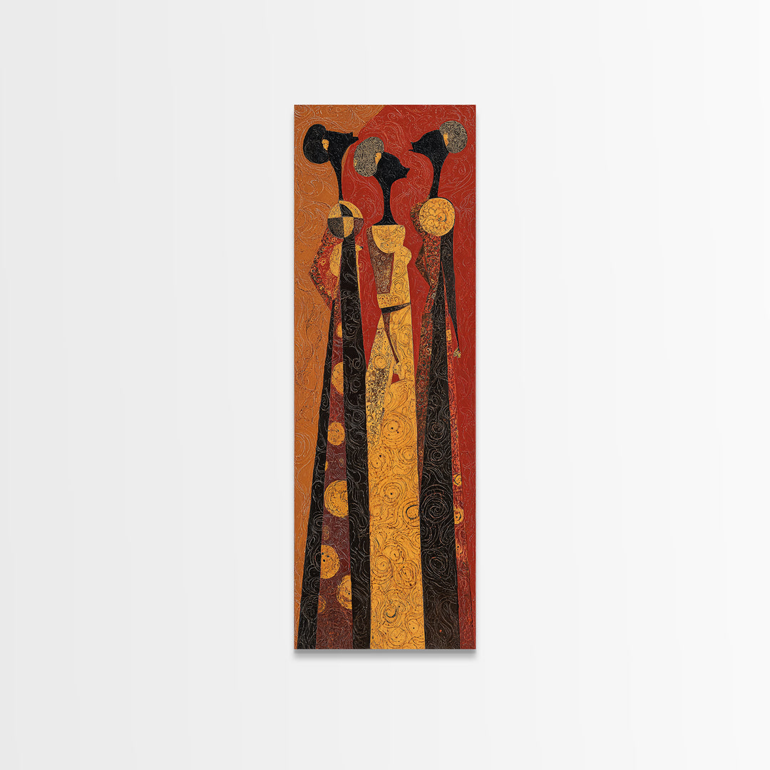 Stylized African Women In Tall Robes Framed Canvas Print, Tribal Queen Wall Art, Ankara Pattern Afrocentric Home Decor Gift
