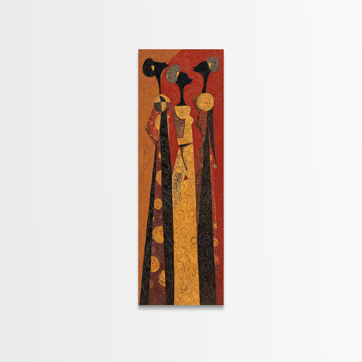 Stylized African Women In Tall Robes Framed Canvas Print, Tribal Queen Wall Art, Ankara Pattern Afrocentric Home Decor Gift