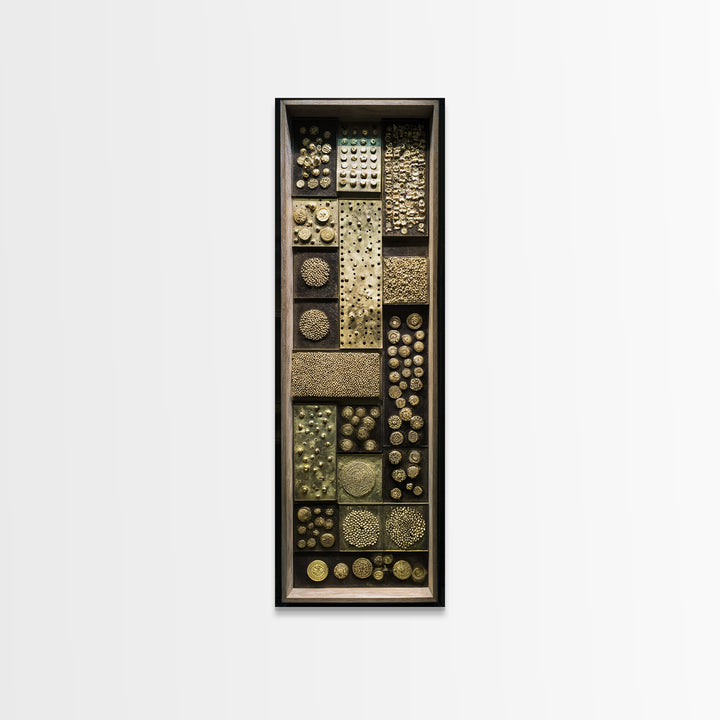 Textured Gold Tribal Assemblage Framed Canvas Print, African Inspired Wall Decor, Ethnic Abstract Art, Bold Unique Home Gift