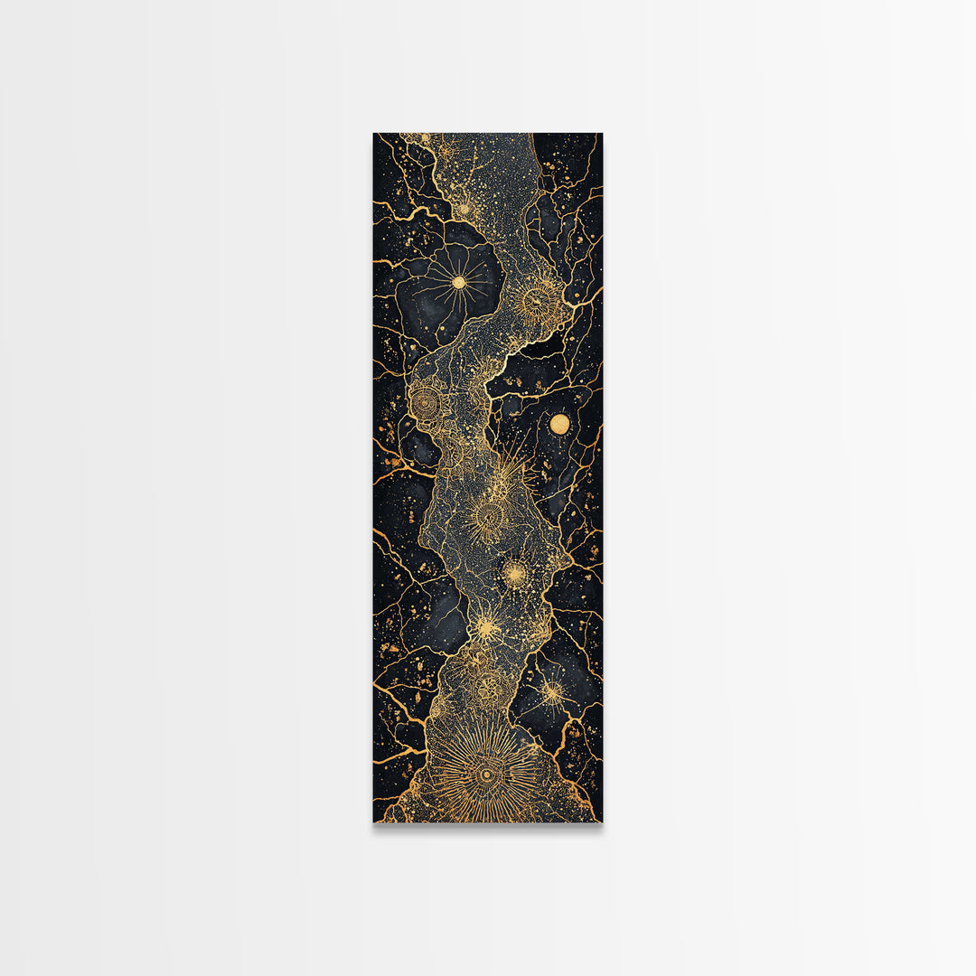 Gold Celestial African Woman Figure On Black Map Lines, Wall Art, Abstract African Art Print, Luxury Canvas Decor Gift For Her