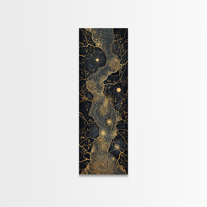 Gold Celestial African Woman Figure On Black Map Lines, Wall Art, Abstract African Art Print, Luxury Canvas Decor Gift For Her