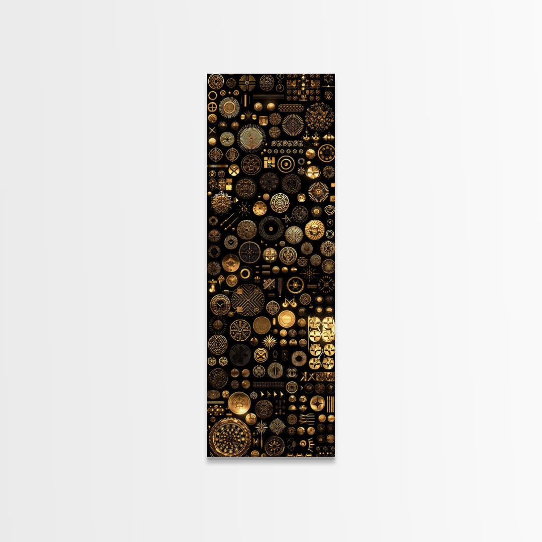 Gold African Symbol Collage On Black Wall Art, Geometric Tribal Decor, Afrocentric Patterns, Modern Canvas Print Unique Gift