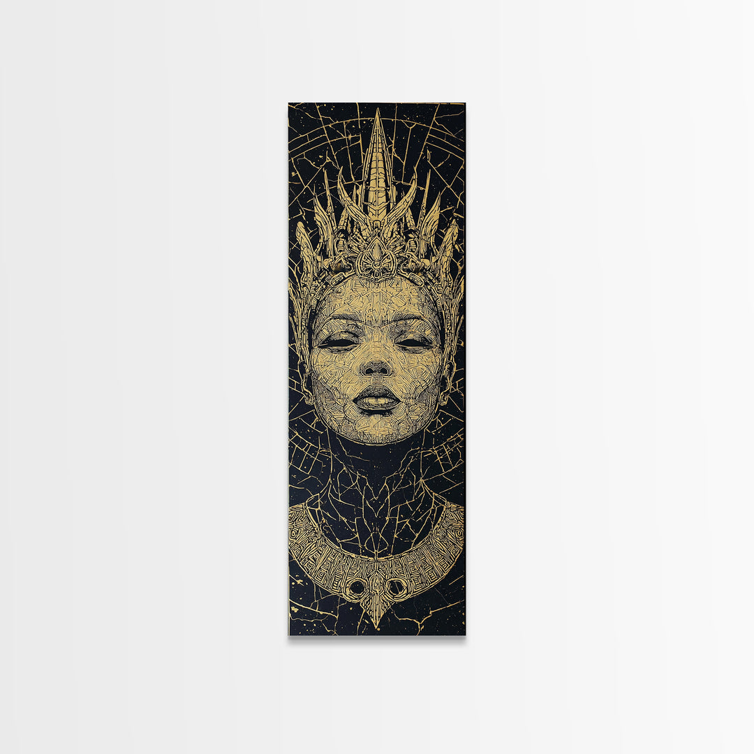 Golden Crowned African Queen Portrait Wall Art, Black Woman Canvas, Afrocentric Decor, Tribal Goddess, Luxury Home Decor