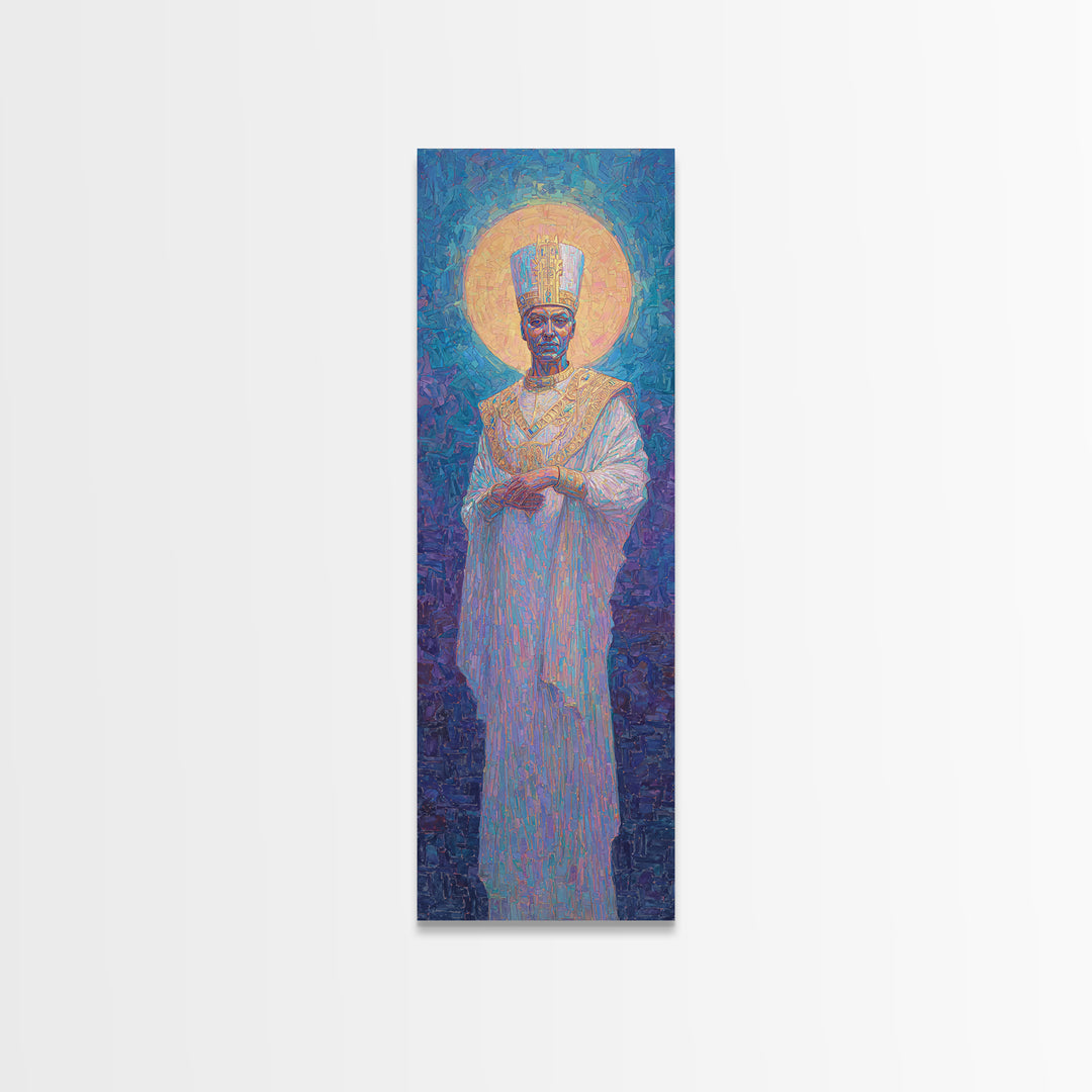 Haloed African King In White Robe Canvas Print, Afrocentric Wall Decor, Royal Portrait, Spiritual Art, Elegant Home Decor