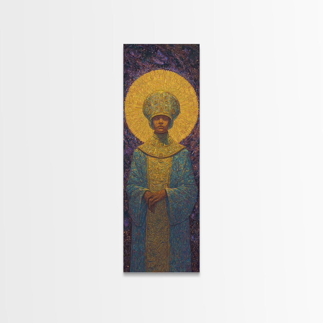 Golden Halo African Monarch Framed Canvas Print, Royal Black Art, Afrocentric Wall Decor, Spiritual Portrait, Statement Art