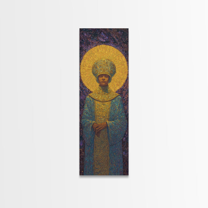 Golden Halo African Monarch Framed Canvas Print, Royal Black Art, Afrocentric Wall Decor, Spiritual Portrait, Statement Art
