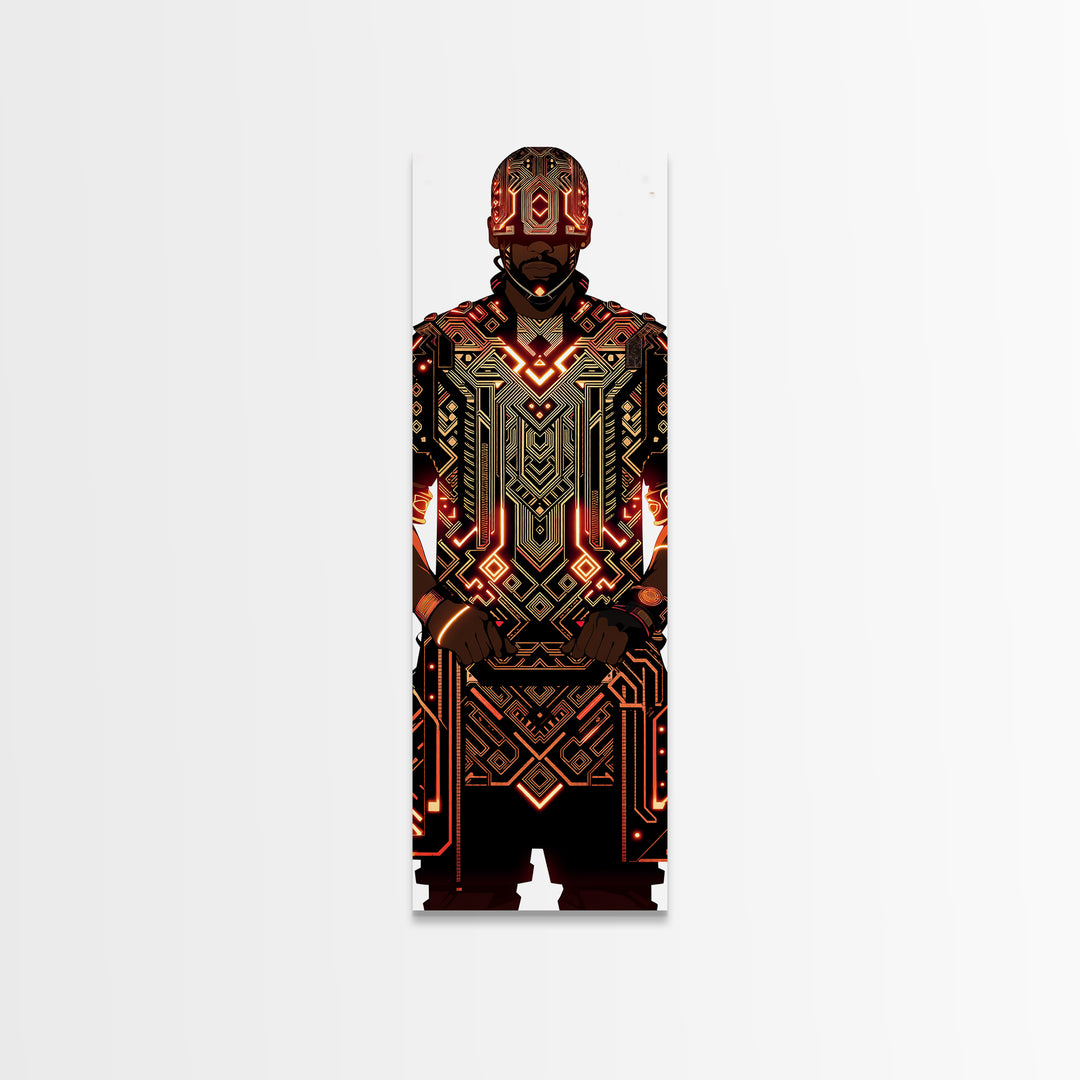 Futuristic African Warrior In Glowing Armor Canvas Print, Afrofuturism Decor, Tribal Art, Black Man Portrait, Bold Wall Decor