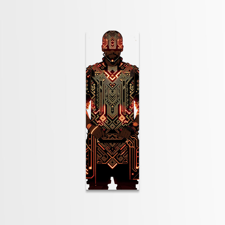 Futuristic African Warrior In Glowing Armor Canvas Print, Afrofuturism Decor, Tribal Art, Black Man Portrait, Bold Wall Decor