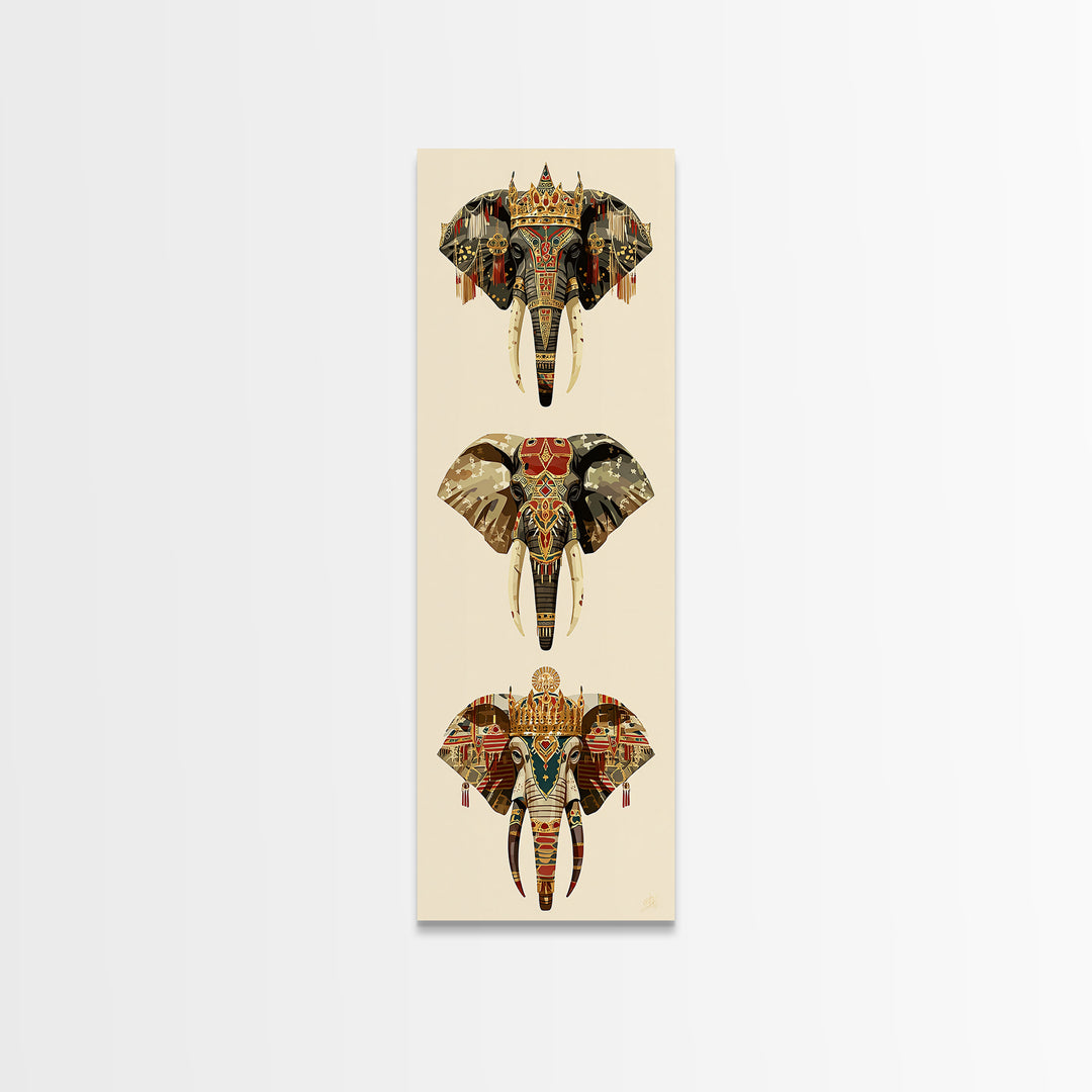 Jeweled African Elephant Trio Canvas Print, Regal Safari Wall Decor, Tribal Animal Art, Crowned Elephant, Boho Home Decor