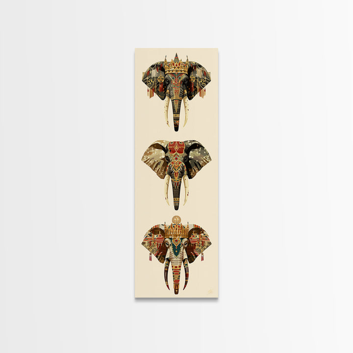 Jeweled African Elephant Trio Canvas Print, Regal Safari Wall Decor, Tribal Animal Art, Crowned Elephant, Boho Home Decor