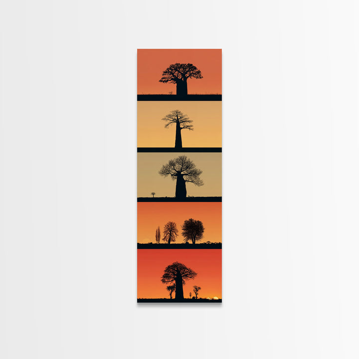 Minimal Baobab Horizon Panels, African Wall Art, Sunset Tree Silhouette, Modern Safari Decor, Vertical Framed Canvas Print