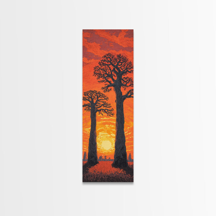 Twin Baobab Trees At Fiery Sunset, African Wall Art, Safari Landscape, Orange Motherland Decor, Framed Canvas Print Gift