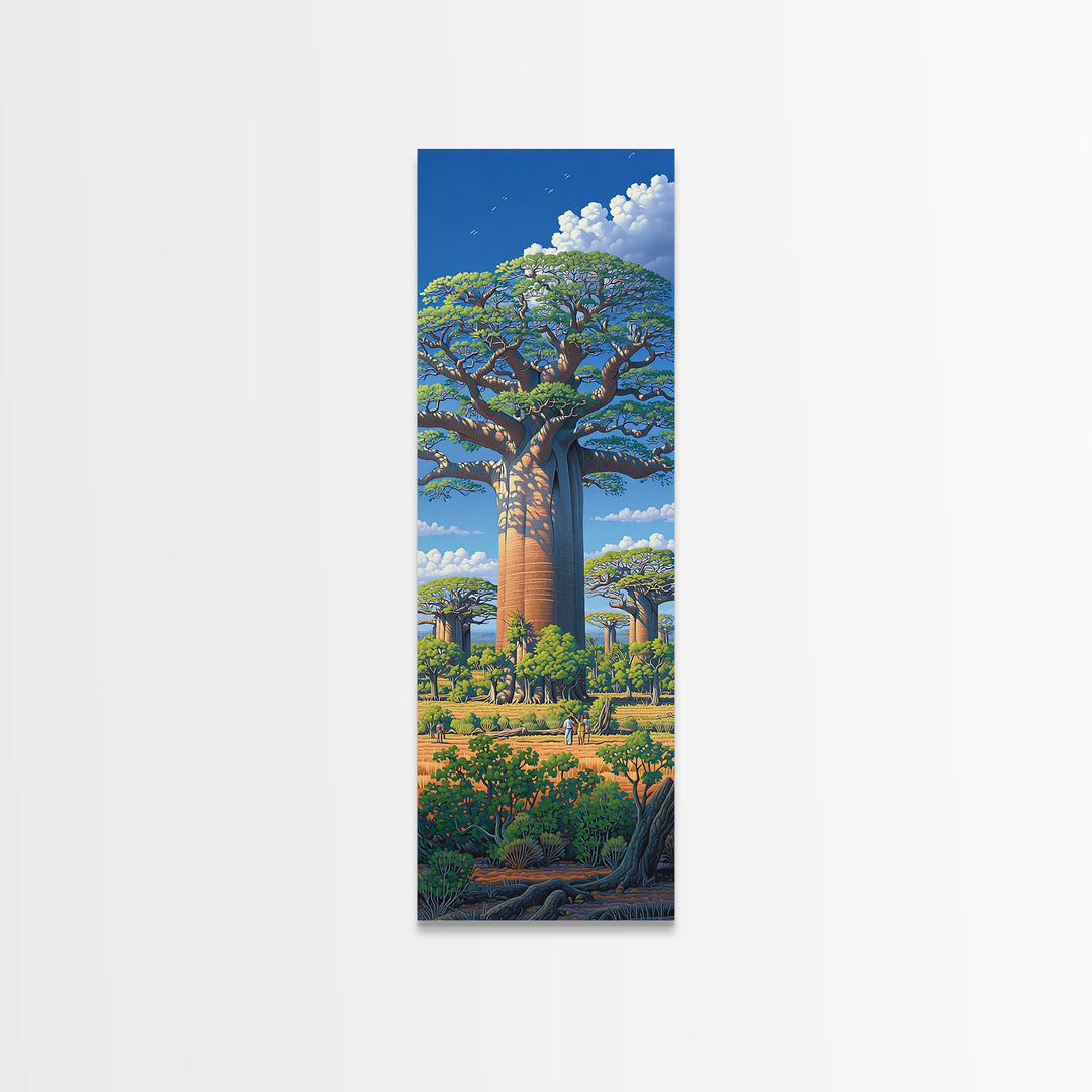 Lush Baobab Village Landscape, African Wall Art, Blue Sky Safari Decor, Madagascar Tree Scene, Premium Canvas Print Gift