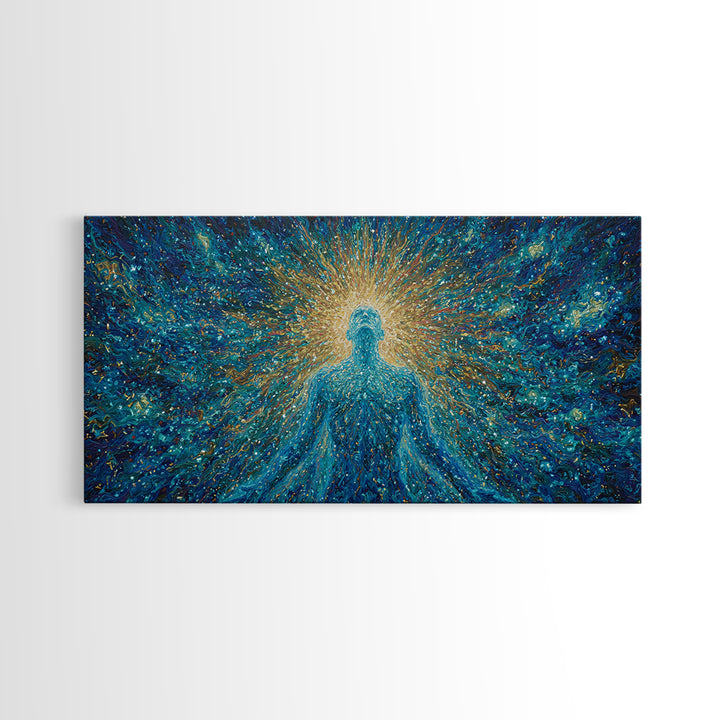 Glowing Spirit Figure In Cosmic Blue Framed Canvas Print, Spiritual Wall Art, Afrocentric Decor, Mystical Abstract Art, Meditation Decor