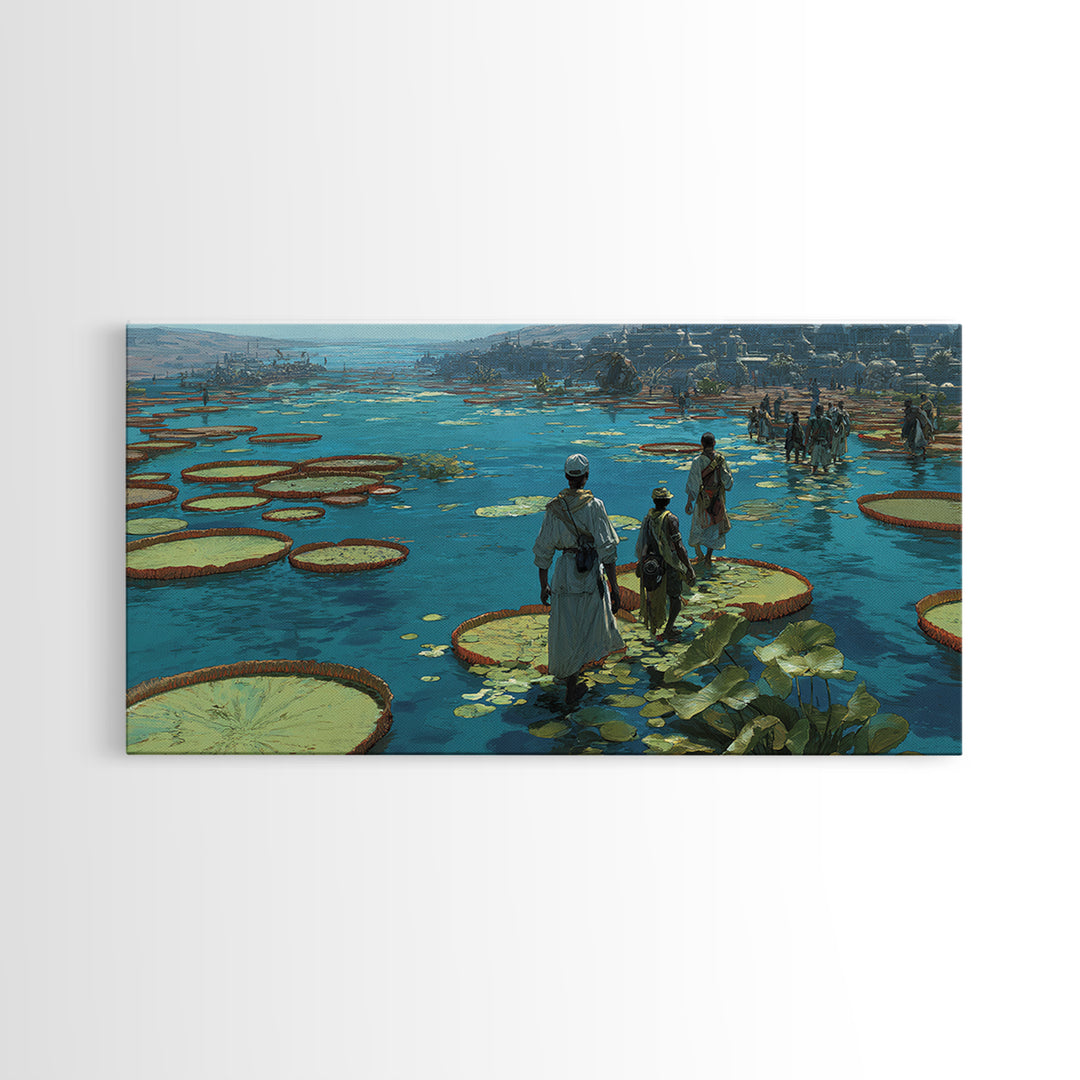 Figures Crossing Giant Lily Pads Canvas Print, African Landscape Wall Decor, Surreal Nature Scene Art, Blue Wetland Home Decor